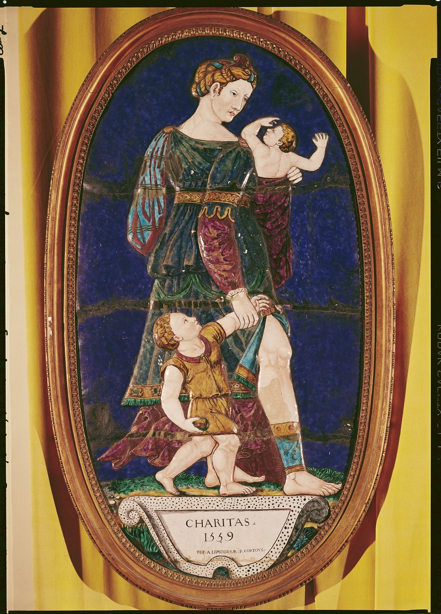 Charityt ábrázoló emléktábla, Limousin, 1559 (festett zománc) alkotó: Pierre I Courteys