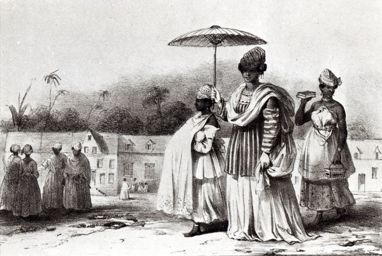Hölgy gyermeket visz a keresztségbe a „Voyage a Surinam” című filmből alkotó: Pierre J. (after) Benoit