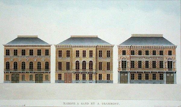 Házak Gentben és Grammontban, Belgiumban, Pierre Jacques Goetghebuer „Válogatás a Holland Királyság legjelentősebb műemlékeiből, épületeiből és házaiból”, 1827-ben (akvatinta) alkotó: Pierre Jacques (after) Goetghebuer