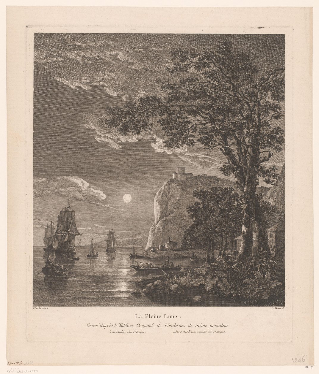 Éjszakai táj hajókkal a parton La Pleine Lune. (cím a tételen) alkotó: Pierre Jacques Duret