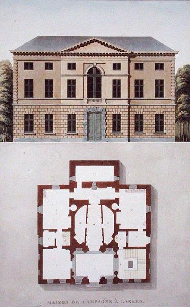 Laekeni tájház, Brüsszel közelében, Pierre Jacques Goetghebuer "Choix des Monuments, Edifices et Maisons les plus remarquables du Royaume des Pays-Bas" című, 1827-ben megjelent művéből (akvatinta). alkotó: Pierre Jacques Goetghebuer