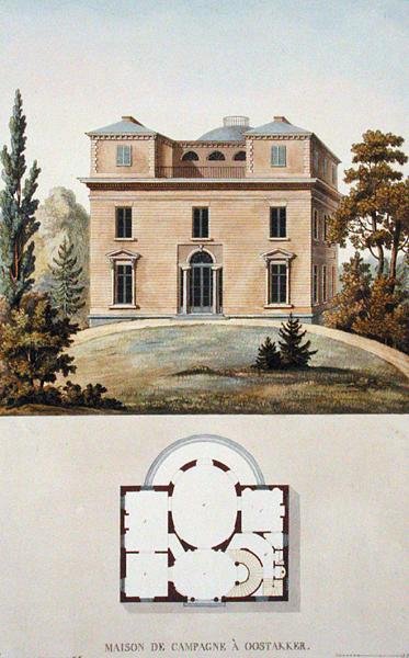 Tájház Oostakkerben, Belgiumban, Pierre Jacques Goetghebuer „Válogatás a Holland Királyság legkiemelkedőbb műemlékeiből, épületeiből és házaiból”, 1827-ben jelent meg (akvatinta) alkotó: Pierre Jacques Goetghebuer