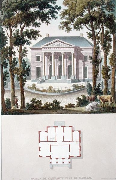 Tájház Haarlem közelében, Hollandia, Pierre Jacques Goetghebuer "Choix des Monuments, Edifices et Maisons les plus remarquables du Royaume des Pays-Bas" című, 1827-ben megjelent művéből (akvatinta). alkotó: Pierre Jacques Goetghebuer