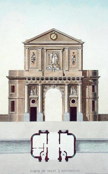 Delft kapuja, Rotterdam, Pierre Jacques Goetghebuer "Choix des Monuments, Edifices et Maisons les plus remarquables du Royaume des Pays-Bas" című, 1827-ben megjelent művéből (akvatinta). alkotó: Pierre Jacques Goetghebuer