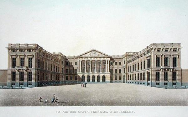 A brüsszeli Főtanácsok palotája, Pierre Jacques Goetghebuer "Choix des Monuments, Edifices et Maisons les plus remarquables du Royaume des Pays-Bas" című művéből, 1827-ben megjelent (akvatinta). alkotó: Pierre Jacques Goetghebuer