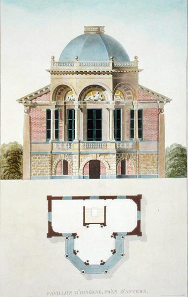 Hingene pavilonja, Anvers közelében, Pierre Jacques Goetghebuer „Válogatás a Holland Királyság legkiemelkedőbb műemlékeiből, épületeiből és házaiból”, 1827-ben (akvatinta) (lásd még: 186053) alkotó: Pierre Jacques Goetghebuer