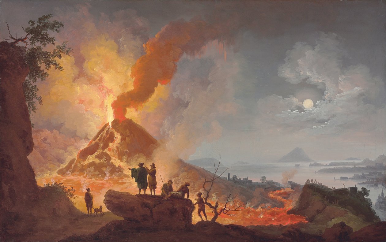 Éjszaka kitörő Vezúv, az Atrio del Cavallóból nézve nézőkkel az előtérben, panorámás kilátás a városra és a Nápolyi-öbölre. alkotó: Pierre Jacques Volaire