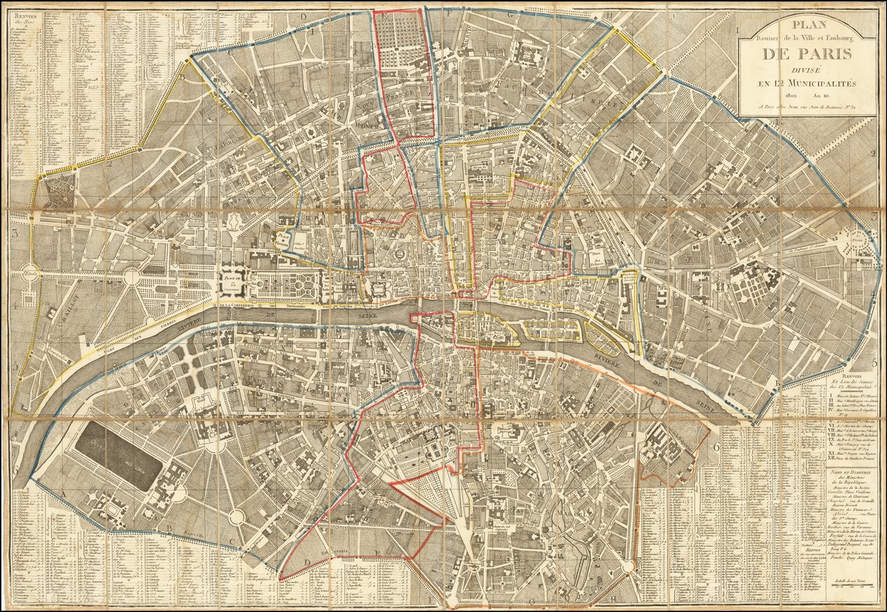1802-es térkép - Plan Routier de la Ville et Faubourg de Paris Divise en 12 Municipalities (Párizs város és környéke, 12 városrészre osztva) alkotó: Pierre Jean