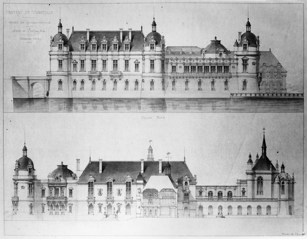 Tervezés a Chateau de Chantilly Petit Chateau északi homlokzatának és homlokzatának rekonstrukciójához, 1875 (ceruza és WC papíron) (bw fotó) alkotó: Pierre Jerome Honore Daumet
