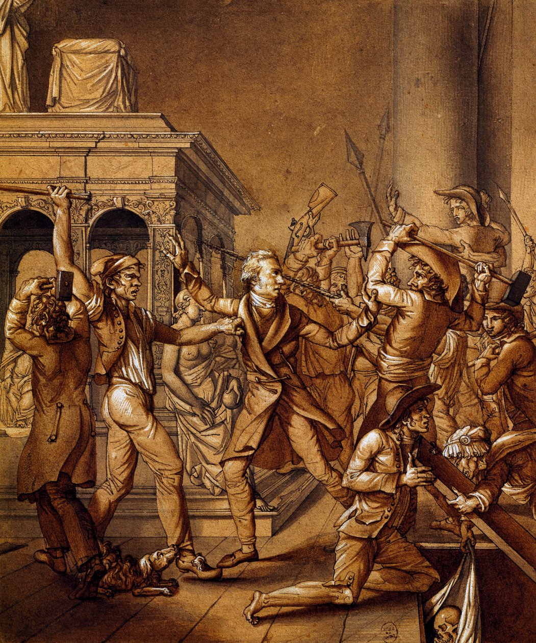 Alexandre Lenoir ellenzi XII. Lajos sírjának lerombolását Saint Denisben, Pierre Joseph Lafontaine (1758-1835) történelmi vázlata. Francia forradalom, Franciaország alkotó: Pierre Joseph Lafontaine