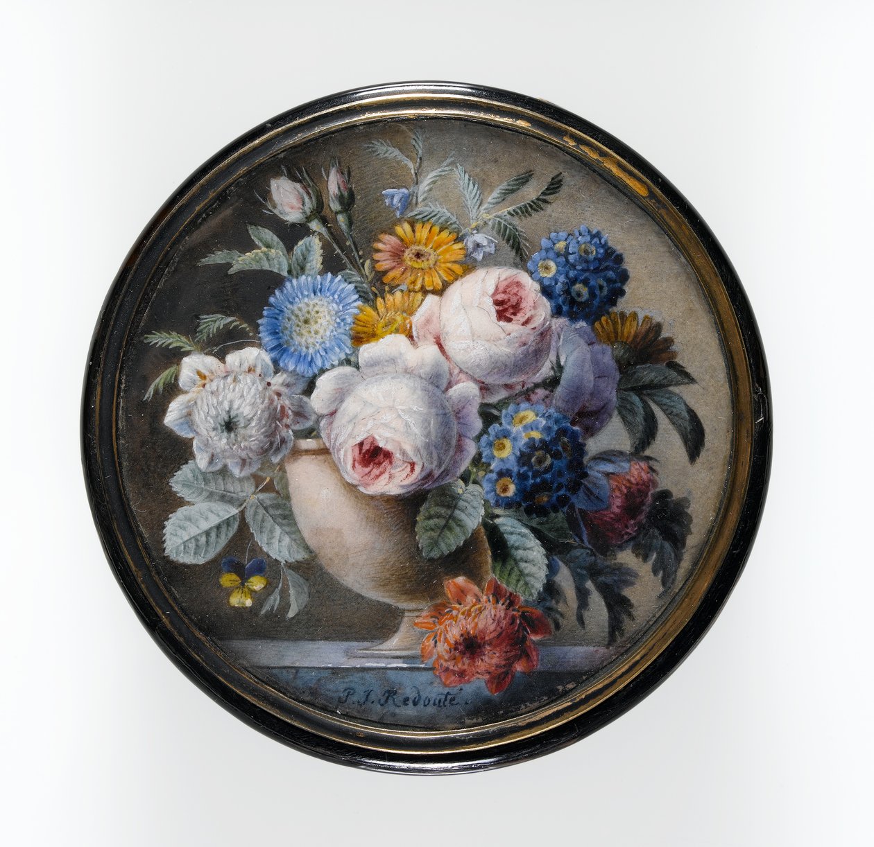 Teknősbékahéj doboz miniatűr virágokkal kővázában, márványlapon, 1827 (wc és testszín a kártyán, üveg alatt, aranyozott fém tartóban) alkotó: Pierre Joseph Redouté
