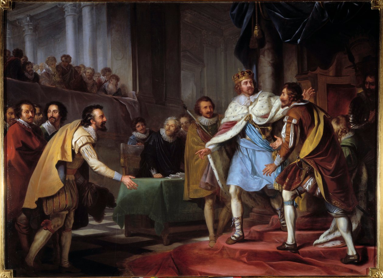 Maximilian of Bethune, Sully hercege (1560-1641) követsége I. Stuart Jakab királynál 1603-ban IV. Henrik francia király nagykövete alkudozásra jött Anglia új királyával, és 1603. szeptember 9-én Hampton Courtnak hívta. . Pierre Lacour festménye (1747 alkotó: Pierre Lacour