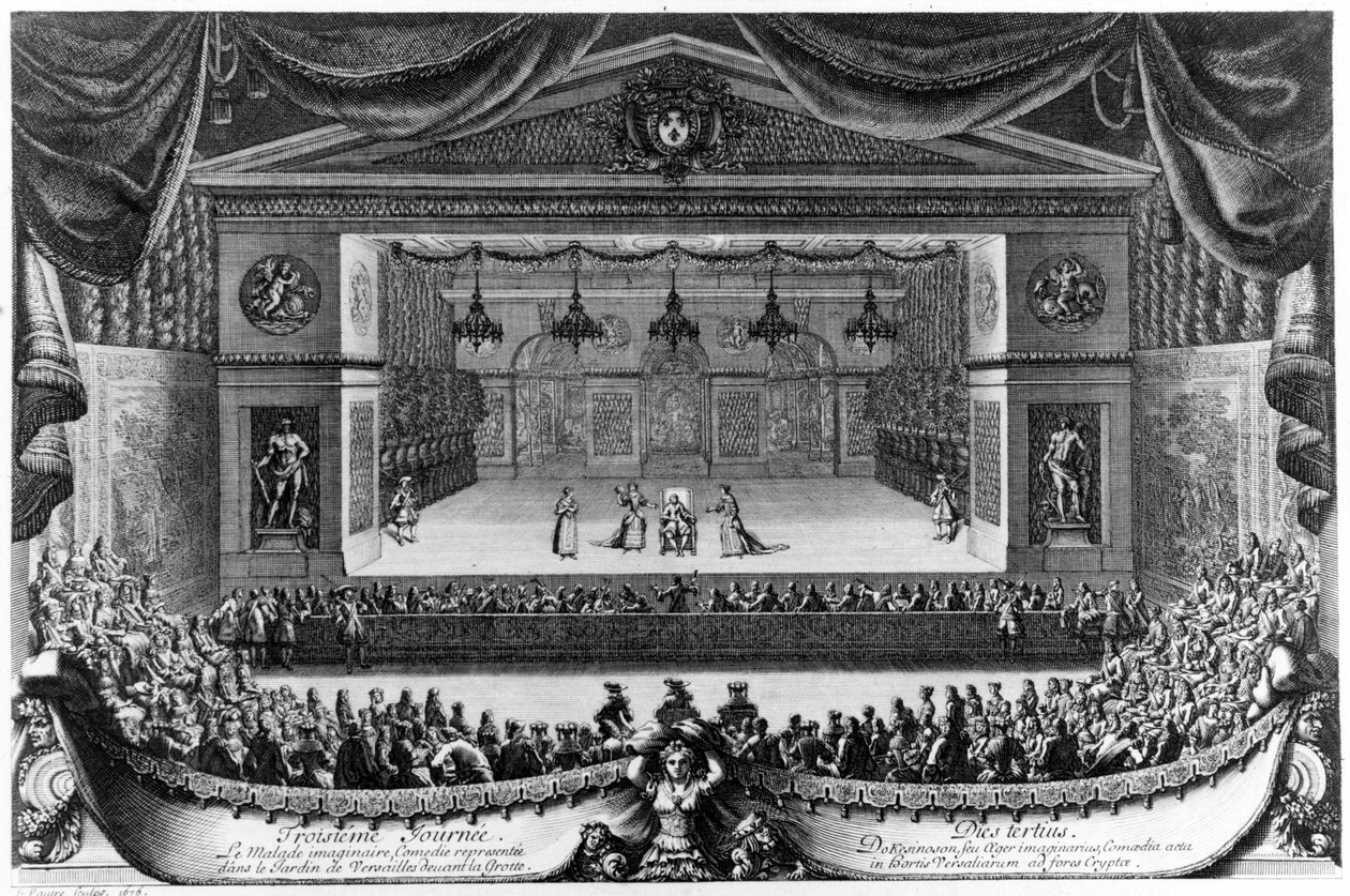 Harmadik nap: Le Malade imaginaire (Molière), vígjáték a Versailles-i kertben, a barlang előtt 1676-ban, Pierre Lepautre (1660-1744) metszete alkotó: Pierre Lepautre