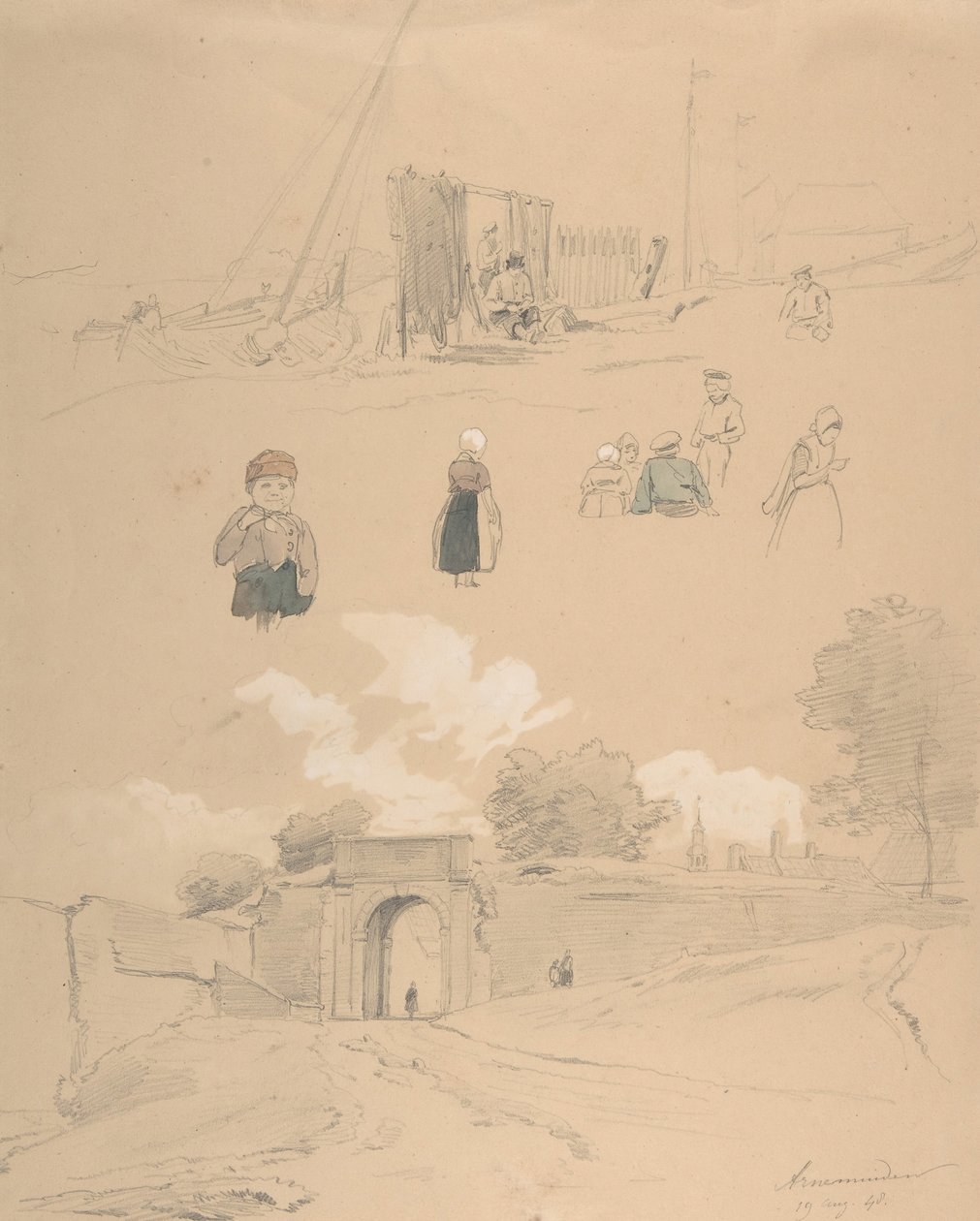 Tanulmánylap figurákkal és tájakkal a Middelburg melletti Arnemuidenben..., 19. század közepe. alkotó: Pierre Louis Dubourcq