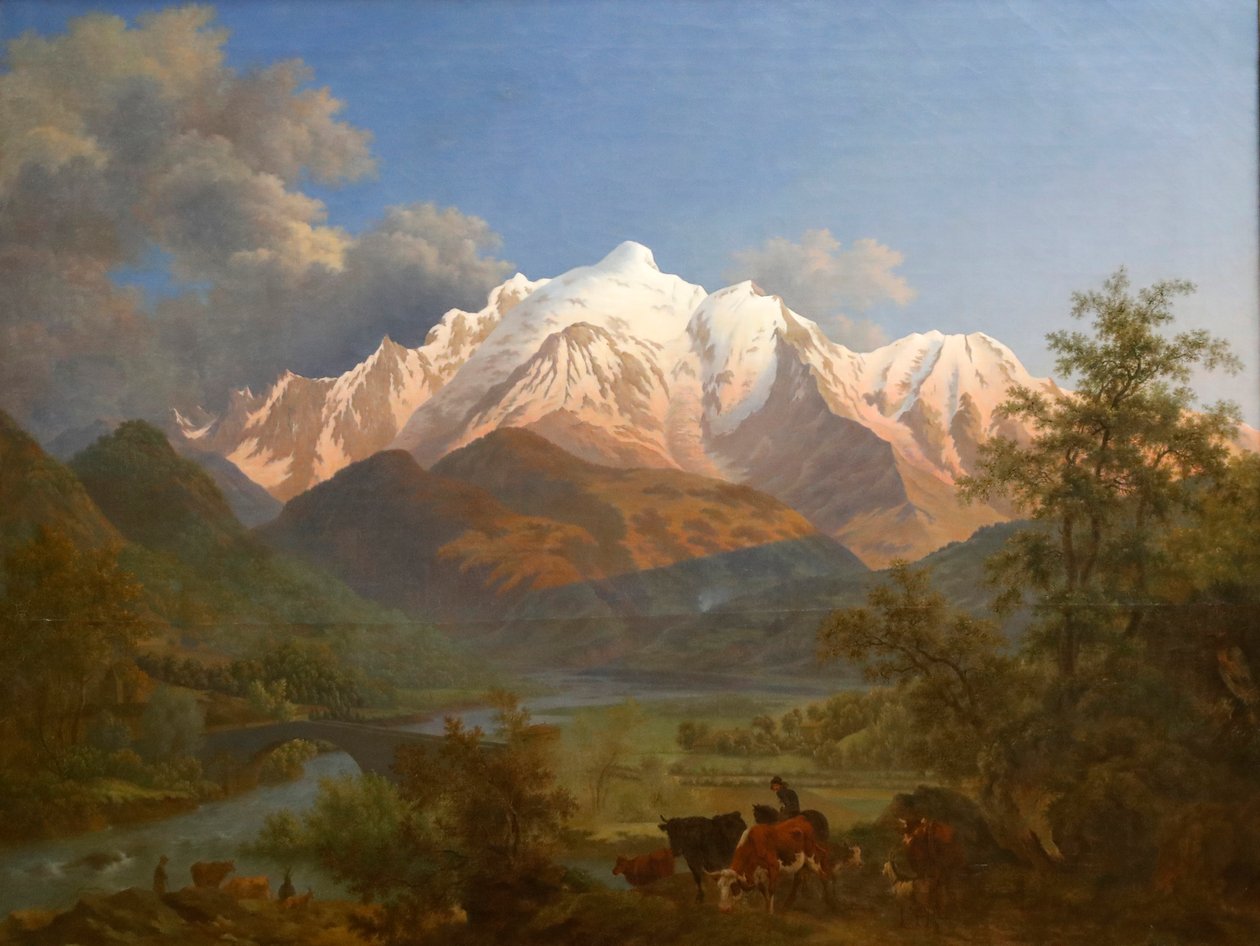Kilátás a Mont Blanc-ra Sallanchesból alkonyatkor alkotó: Pierre Louis de La Rive