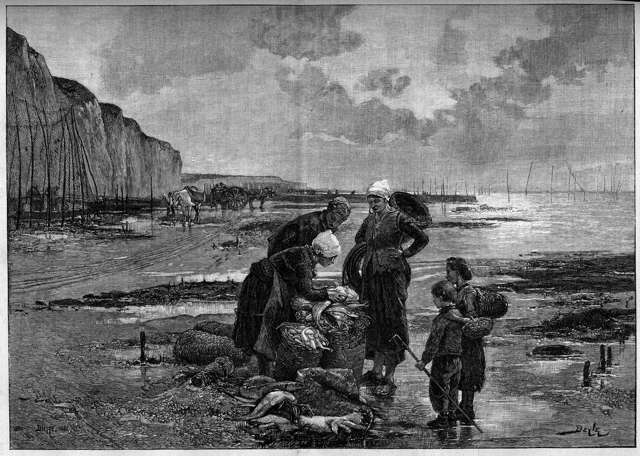 Dieppe halászata, alacsony kanca. Metszet Pierre Beyle (1838-1902) festménye nyomán a „The Illustrous World”” 1327. sz. szeptember 2-án. alkotó: Pierre Marie (after) Beyle
