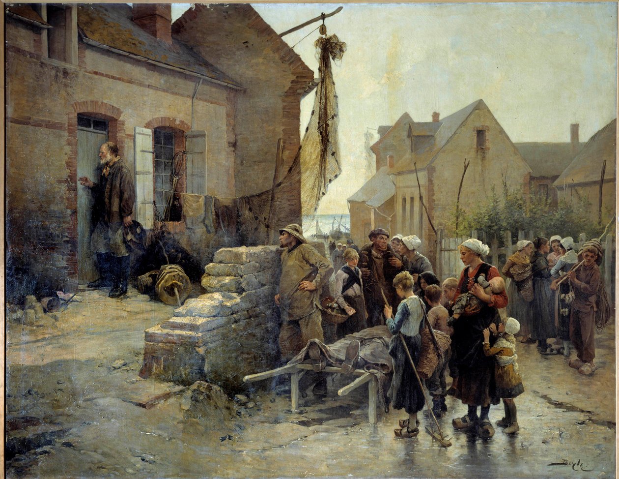 Visszatérés a Tempetéből Egy tengerész kopogtat egy bûnös asszony ajtaján, aki a tempetében halt meg, hogy elmondja neki a hírt. Pierre Marie Beyle (1838-1902) festménye, 19. századi Fecamp, Új-Fundlandi Múzeum alkotó: Pierre Marie Beyle