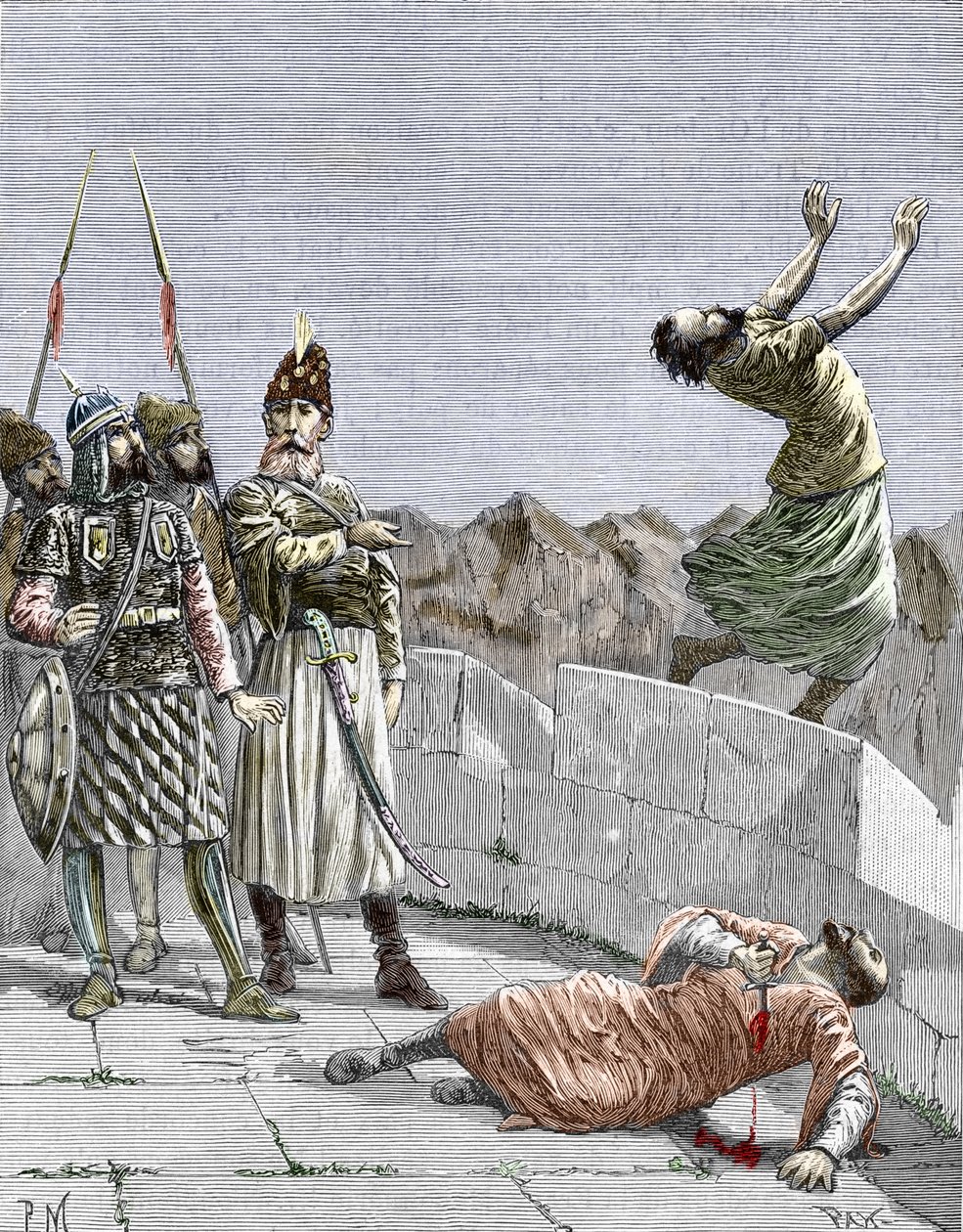 Hassan ibn al-Sabbah (1036-1124), a hegy öregjeként ismert keleti iszmaili szekta vagy a gyilkosok alapította, aki 1096 körül megparancsolta két fanatikus követőjének, hogy öljék meg magukat, Alamutban, Perzsiában” (Nizari) Iszmailizmus: Hassan ábrázolása alkotó: Pierre Mejanel