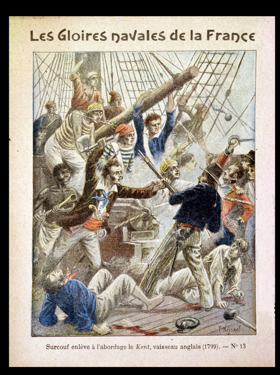 Robert Surcouf (1736-1827) sikeresen felszáll a „Kent”-re, a Nyugat-Indiai Társasághoz tartozó hajóra, illusztráció egy gyakorlófüzetből, 19. század vége alkotó: Pierre Mejanel