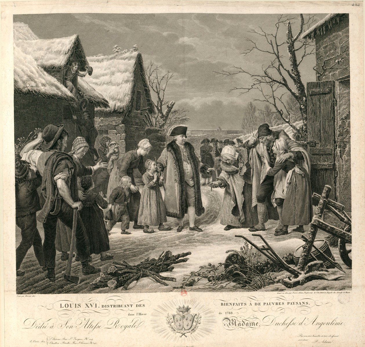 XVI. Lajos alamizsnát osztott a szegény parasztoknak 1788 telén, c. 1817. alkotó: Pierre Michel Adam