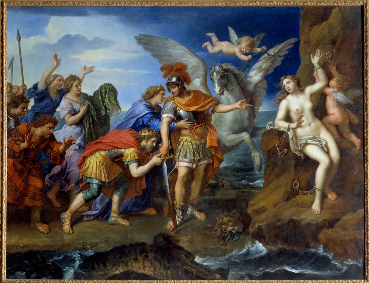 Persee lefejti Andromédet A sziklához láncolt Andromédát Persee leszállítja, és megmenti a tengeri szörnyet. Pierre Mignard (1612-1695) festménye XVII alkotó: Pierre Mignard