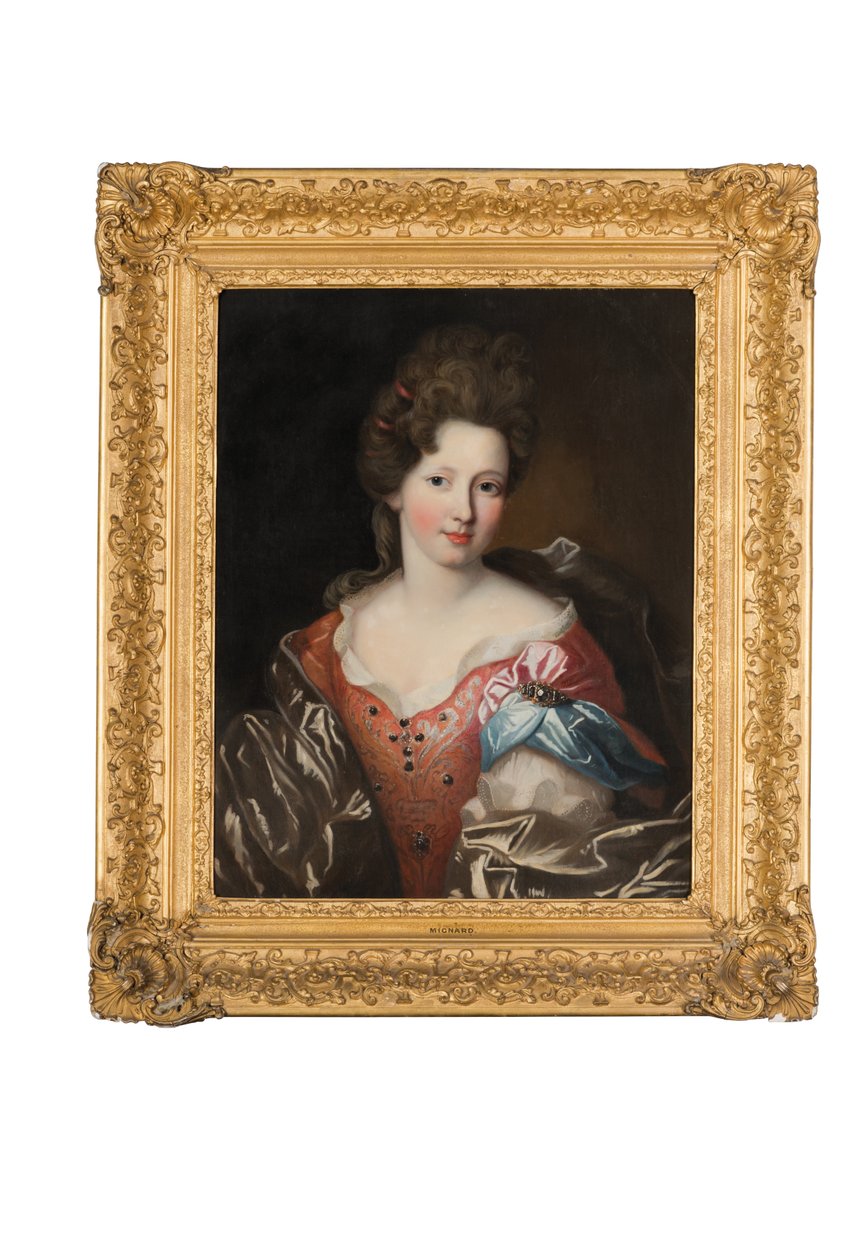 Madame Valentinous portréja, félalakos, piros hímzett ruhában, kék és szürke borítással alkotó: Pierre Mignard