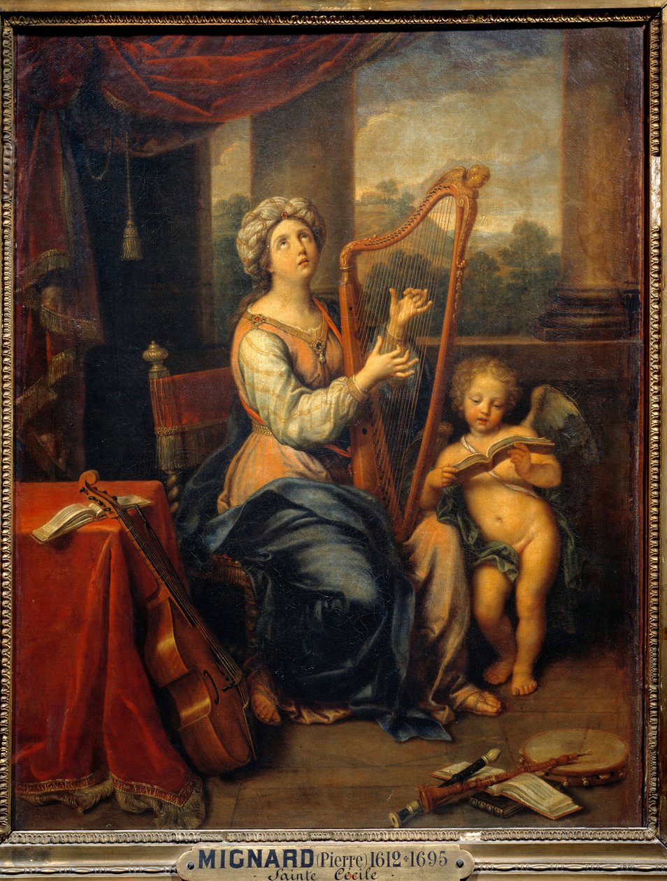 Szent Cecile az Urat dicséri A szent hárfán játszik, hangszerek veszik körül. Pierre Mignard (1612-1695) festménye 1691 V. 0,74x0,56 m Párizs, Musee du Louvre alkotó: Pierre Mignard