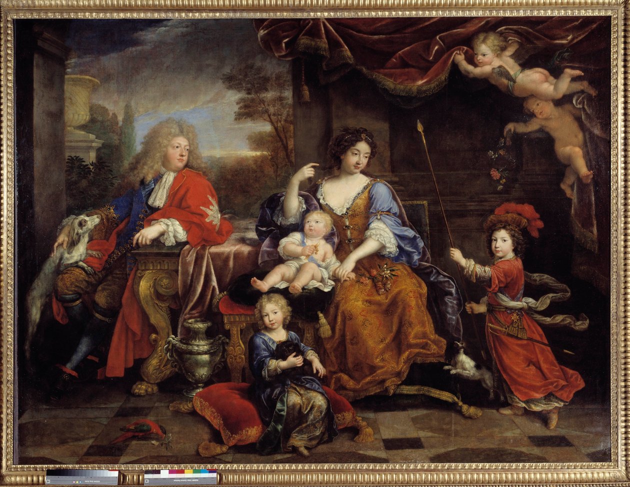 Francia Lajos (1661-1711) családja, XIV. Lajos (1638-1715) fia, akit Nagy Dauphin néven ismernek”, 1687-ben”” Képviselő volt feleségével, Marie Anne Christine de Baviere-vel és gyermekeikkel, Louis-val, Philippe (aki a spanyol V. Fülöp lett) és Char alkotó: Pierre Mignard