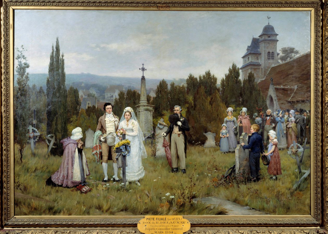 Piete leányvállalata, a Wedding Scene, a fiatal menyasszonyok az egyik fiatal menyasszony elhunyt édesapjának sírján gyűlnek össze. Pierre Otin (1840-1899) festménye XIX. Fecamp, művészeti múzeumi központ alkotó: Pierre Outin