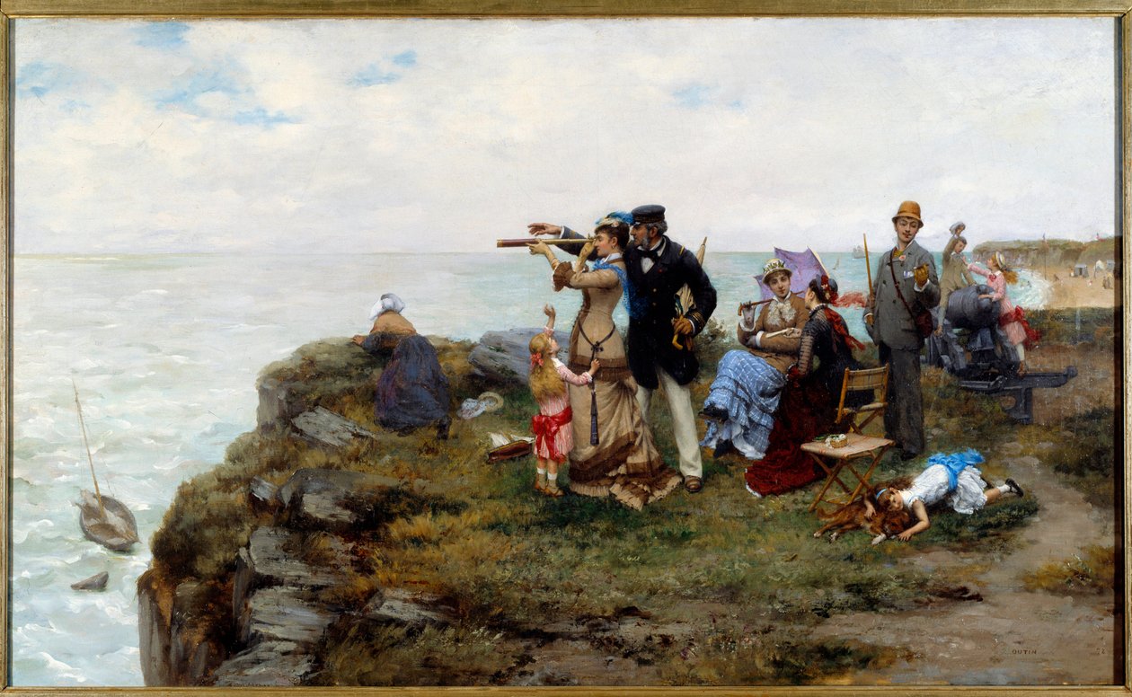 Etretat sziklái Turisták sétálnak a sziklákon. Pierre Otin (1840-1899) festménye, 1878-as magángyűjtemény alkotó: Pierre Outin