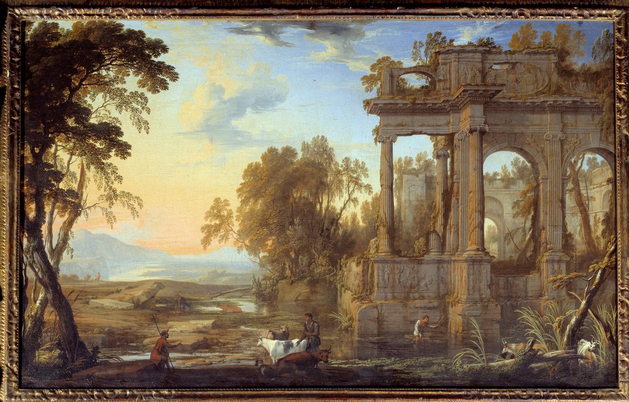 Táj romokkal és pásztorokkal Pierre Patel the Pere festménye (1605-1676) 17. századi nap. 0,53x0,83 m alkotó: Pierre Patel