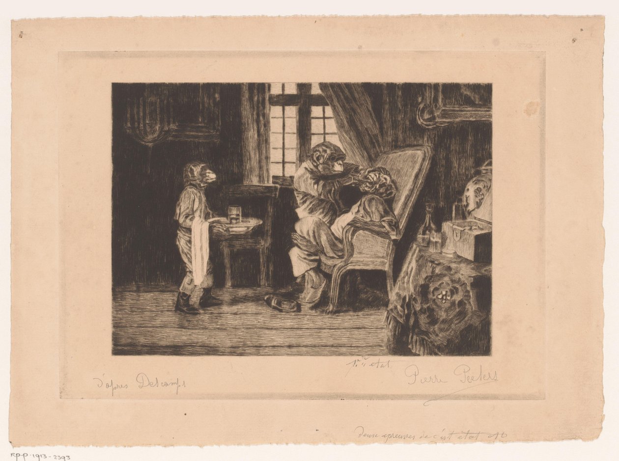 A majmok szatirikus ábrázolása fogorvosként, asszisztensként és páciensként alkotó: Pierre Peeters (signed by artist)