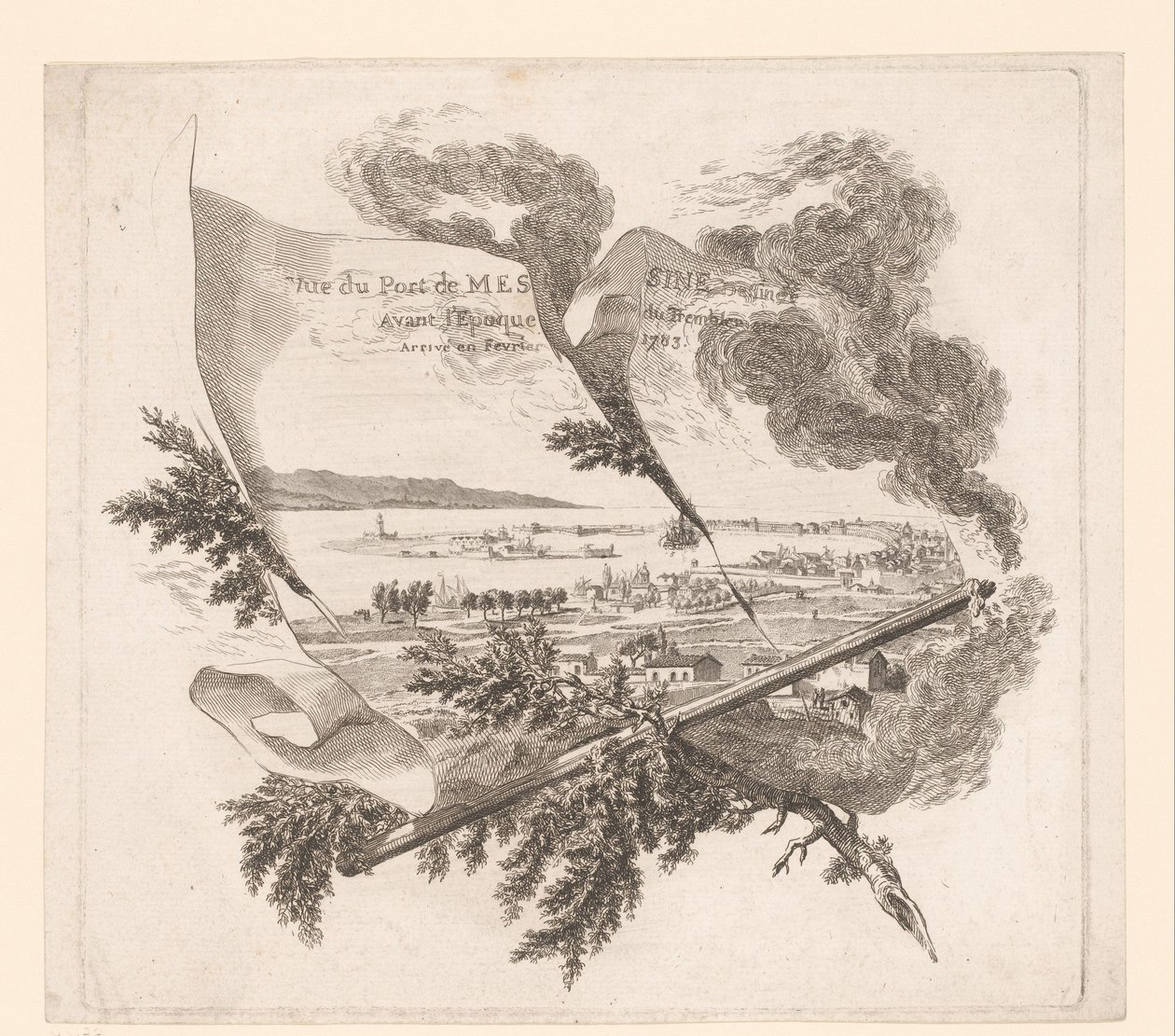 Zicht op de haven van Messina Messina kikötőjének képe, amelyet az 1783. februári földrengés időpontja előtt rajzoltak. (cím az objektumon) alkotó: Pierre Philippe Choffard (attributed to)