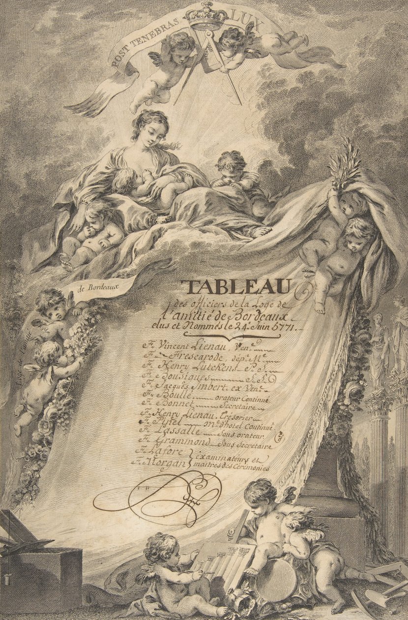 A bordeaux-i szabadkőművesek oklevele, François Boucher után, 1766. alkotó: Pierre Philippe Choffard