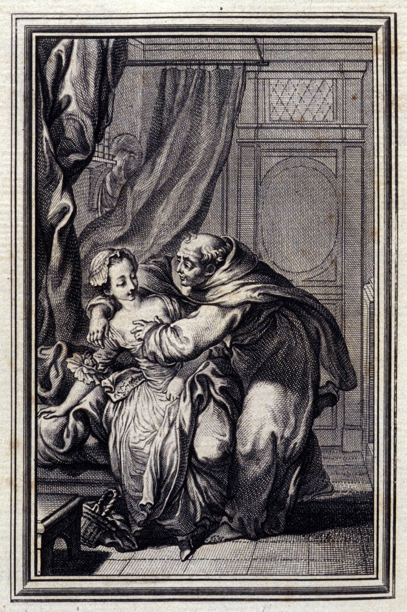 Hogyan jön a szellem a lányokhoz. in: Jean La Fontaine "Tales et nouvelles en verse". 1776. Illusztráció: P.P. Choffard. alkotó: Pierre Philippe Choffard