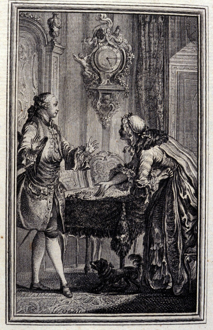 Le Gascon megbüntette – Jean La Fontaine „” Mesék és novellák versben” című részében. 1776. Illusztráció: P. P. Choffard. alkotó: Pierre Philippe Choffard
