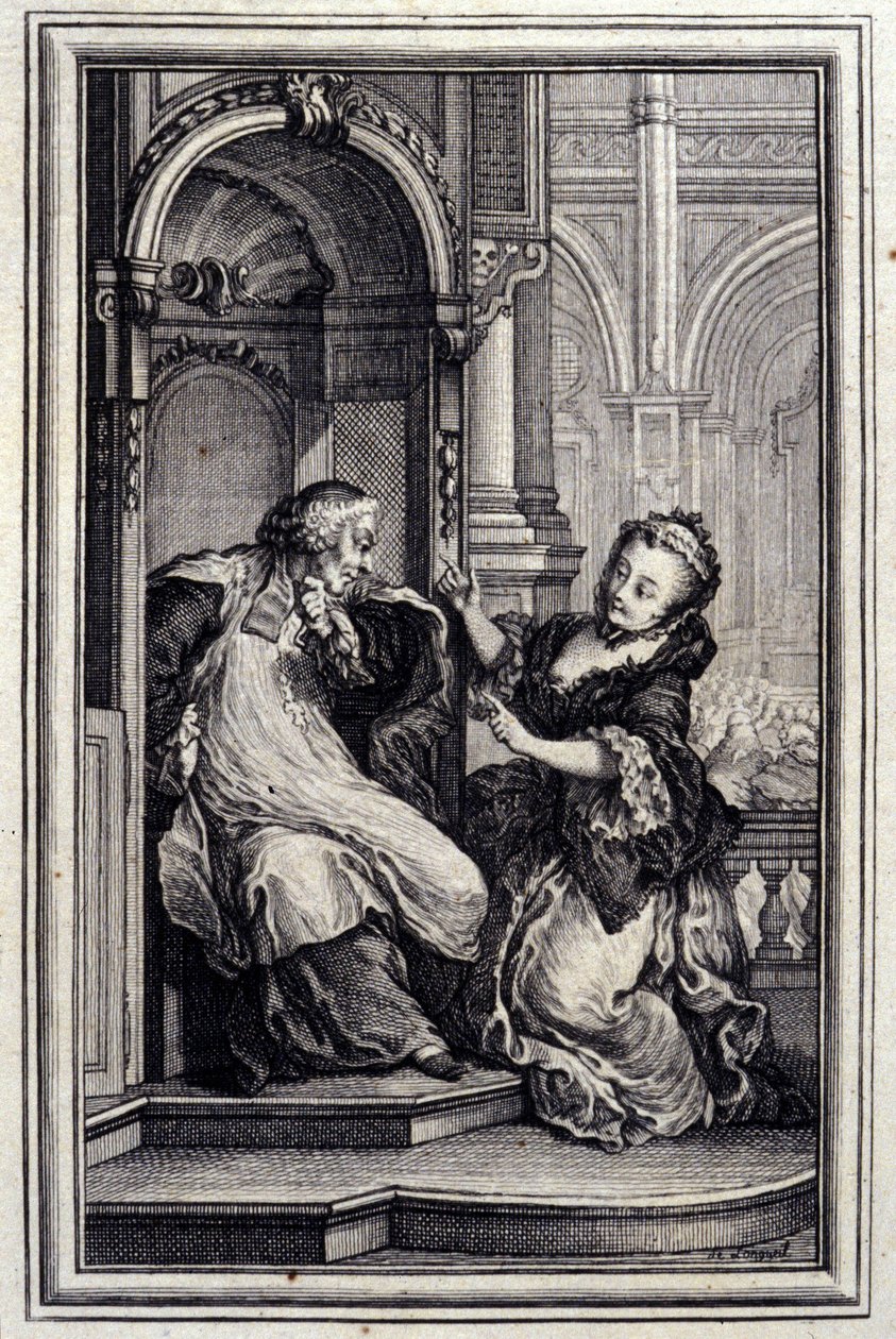 Le Mari gyóntató – Jean La Fontaine „” Mesék és novellák versben” című részében. 1776. Illusztráció: P. P. Choffard. alkotó: Pierre Philippe Choffard