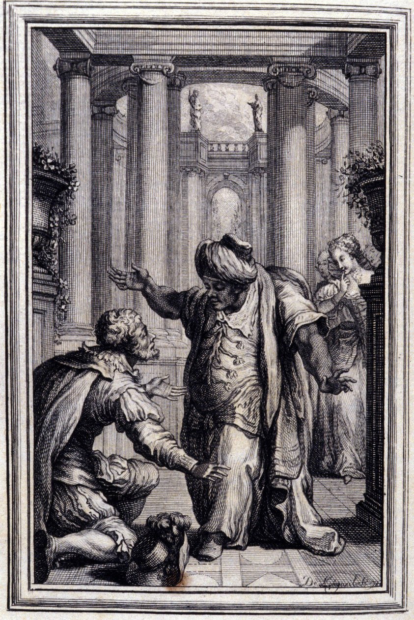 A kis kutya, aki pénzt és köveket lövell – Jean La Fontaine „Mesék és novellák versben” című részében. 1776. Illusztráció: P. P. Choffard. alkotó: Pierre Philippe Choffard