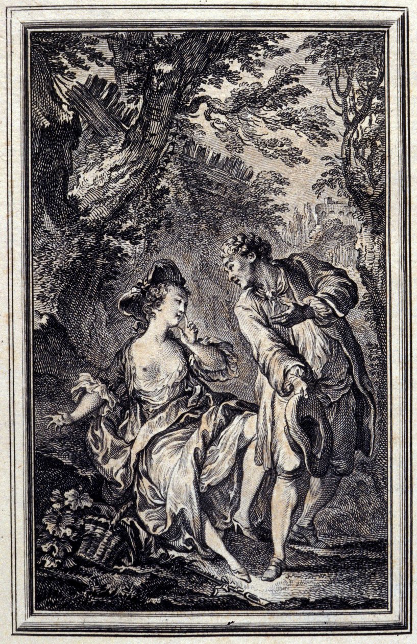 Az egyik az ígéret, a másik a betartás. Jean de La Fontaine „Tales et nouvelles en vers” című művében, Amszterdam 1776. illusztrálta: P.P.Choffard. alkotó: Pierre Philippe Choffard