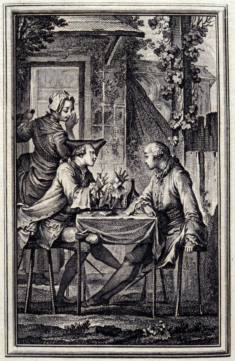 a fültanár vagy a kagylós raccomoder. Jean de La Fontaine "Tales et nouvelles en vers" című művében, Amszterdam 1776. illusztrálta P.P.Choffard. alkotó: Pierre Philippe Choffard