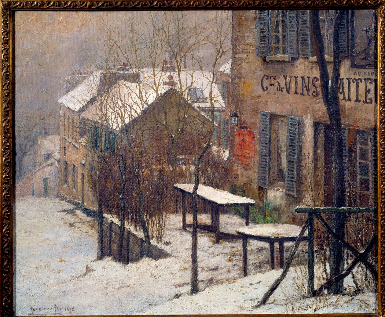 A kabaré a Rabbit Agile-ban, Montmartre-ban 1890-ben. Kilátás Párizsra a hó alatt télen. Pierre Prins festménye (1838-1913) alkotó: Pierre Prins