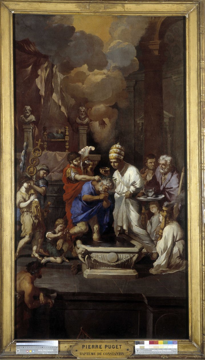 Konstantin megkeresztelkedése: Caius Flavius Valerius Aurelius Constantinus császár veszi át a szentséget I. Szilveszter (Szent) pápától a római Lateráni Szent János-bazilikában. alkotó: Pierre Puget