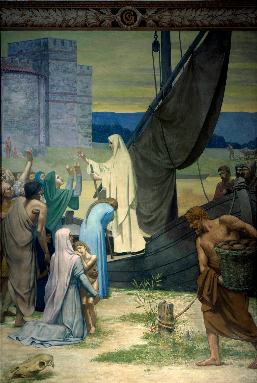 Sainte Genevieve ellátja az Attila, a hunok királya által ostromlott párizsiakat. Pierre Puvis De Chavannes (1824-1898) freskója 19. századi Párizs. Panteon alkotó: Pierre Puvis de Chavannes