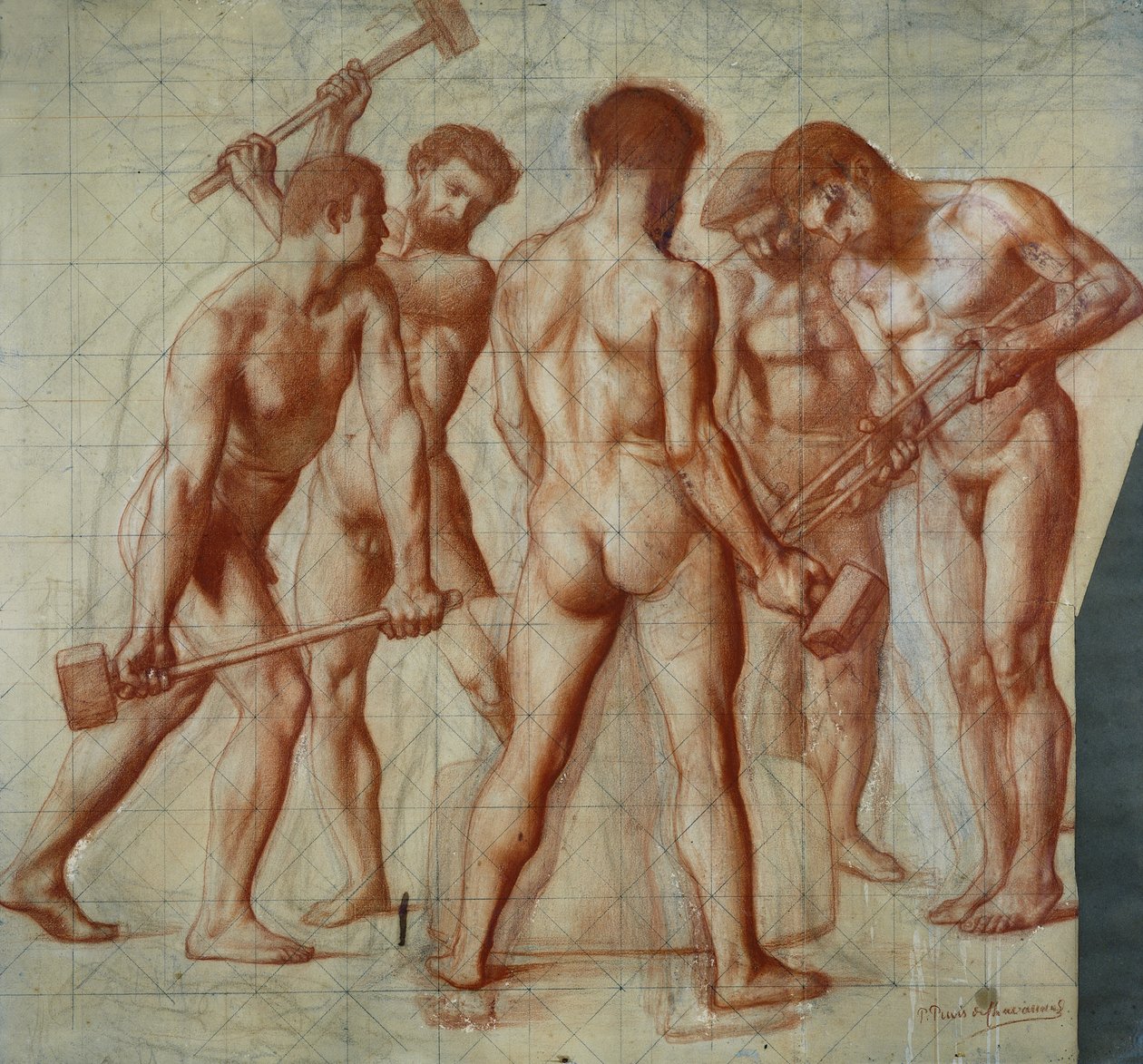 Hamisítók, tanulmány az „Allegorie du Travail”-hoz (piros kréta papíron) alkotó: Pierre Puvis de Chavannes