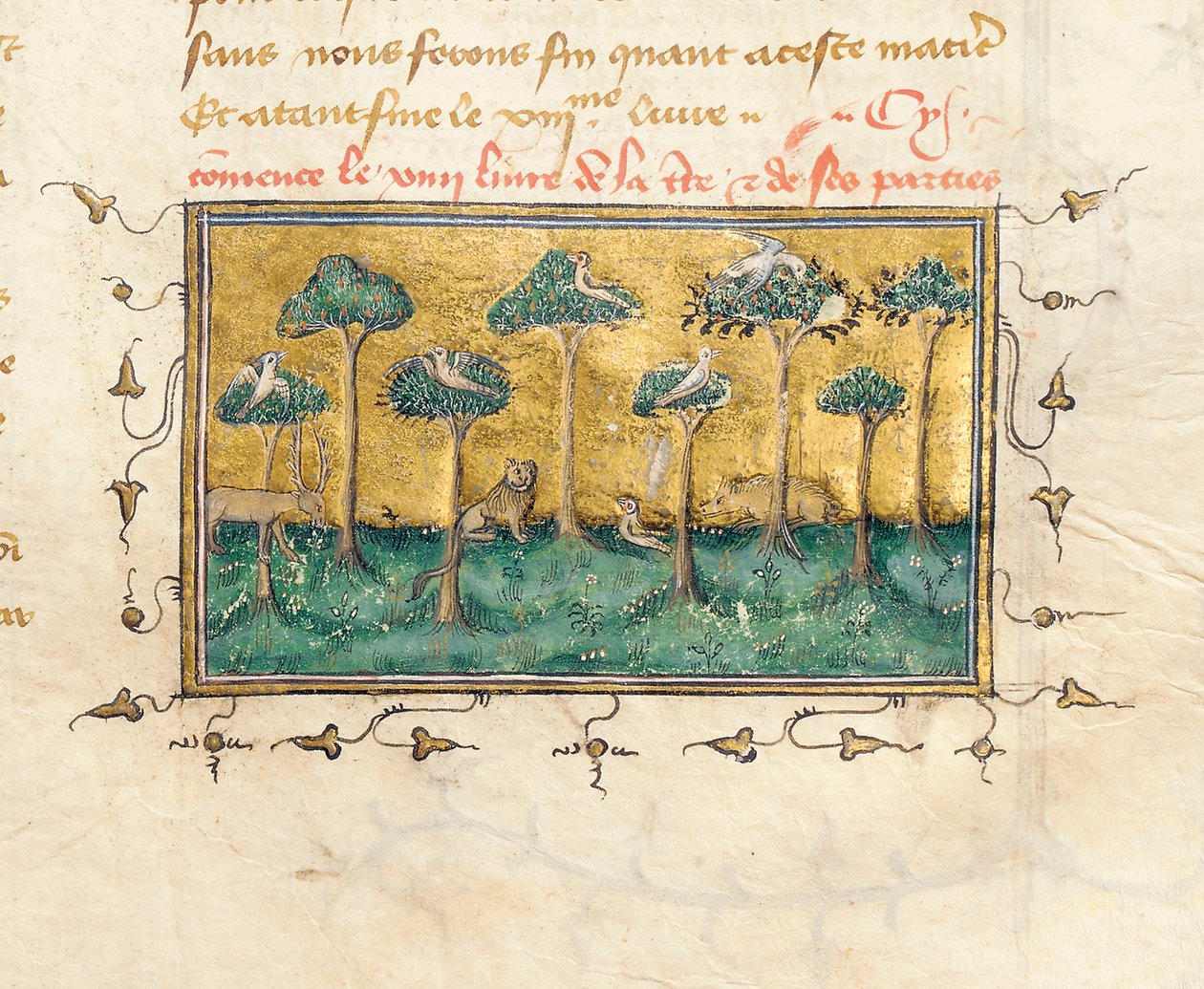 Egy oldal részlete Bartholomeus Anglicus "De Proprietatibus Rerum"-jából, Jean Corbechon francia fordításában, 1390 körül alkotó: Pierre Remiet