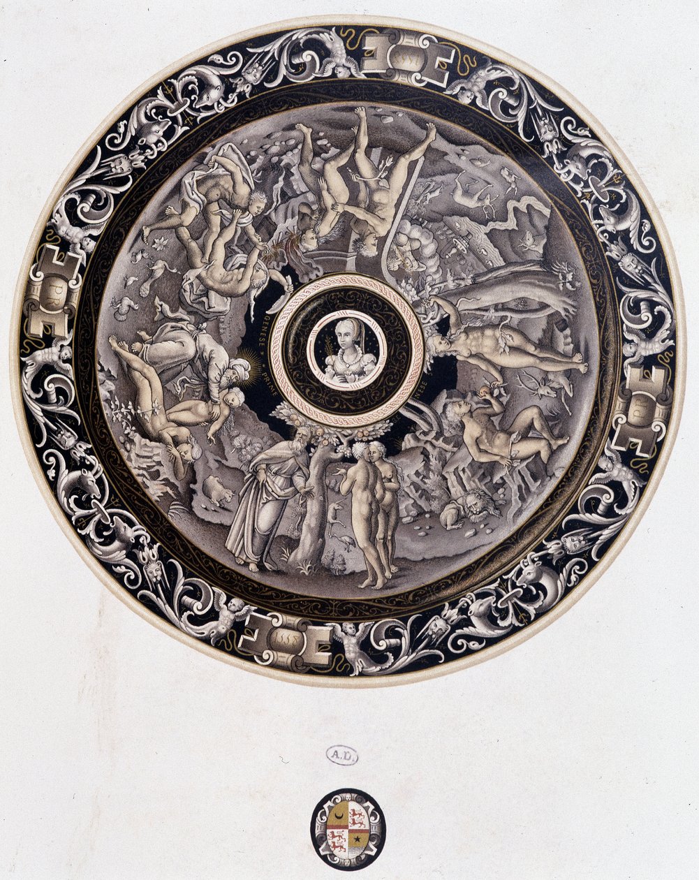 16. századi porcelántányér, amely a Genezist ábrázolja Pierre Reymondtól, Limoges alkotó: Pierre Reymond