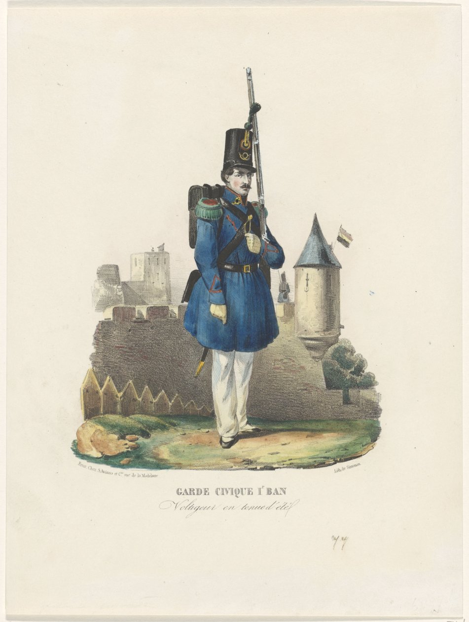 Belgische Burgerwacht op wacht, 1830 Polgárőr 1r Ban / Voltigeur nyári ruhában (cím a tárgyon) alkotó: Pierre Simonau