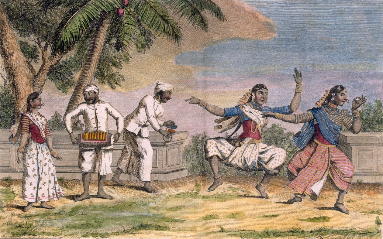 Bayaderes vagy indiai táncos lányok csapata férfi zenészekkel, illusztráció a „Voyage aux Indes et a la Chine”-ből, vésette Poisson, 1782 (színes metszet) alkotó: Pierre Sonnerat