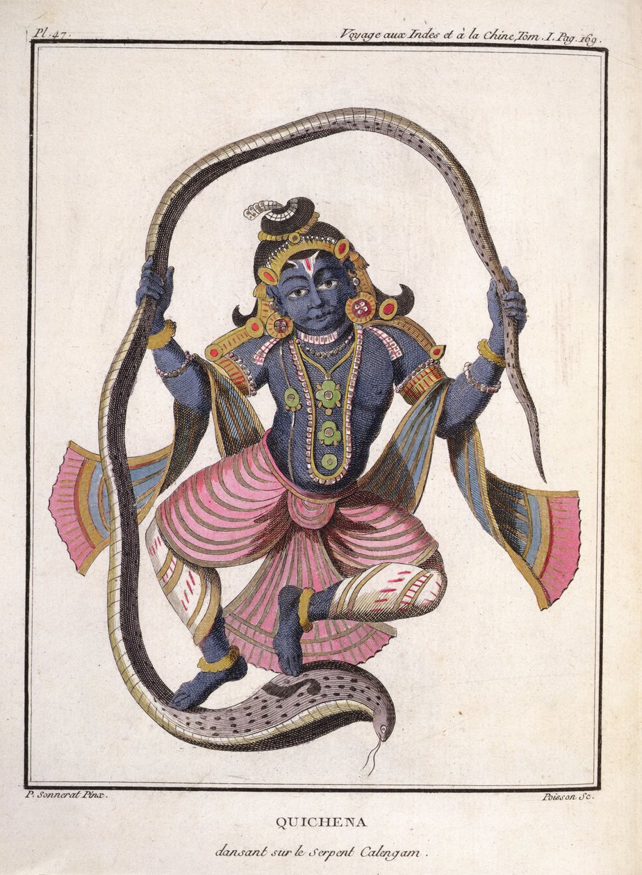 Krisna táncol a Kaliya kígyón, Pierre Sonnerat „Voyage aux Indes et a la Chine” című művéből, Poisson metszetével, 1782-ben megjelent alkotó: Pierre Sonnerat