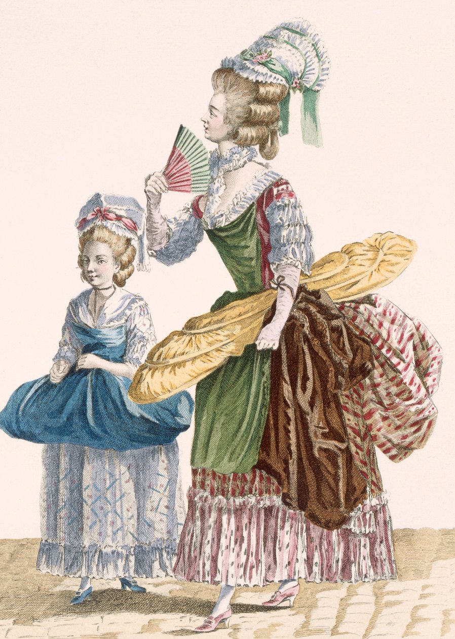 Varrónő és asszisztense kereskedelmi szerszámokat hordozó, Dupin metszet, 25. számú tábla a „Galeries des Modes et Costumes Francais”-ból, 1778-87 körül (színes metszet) 99:ruházat; tradicionális öltözet; népviselet; divat; ábra; c18th; fashionab alkotó: Pierre Thomas (after) Le Clerc